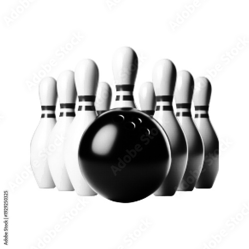 Halftone bowling ball and pin set isolated on white background. Dotted monochrome tenpin sport equipment illustration for strike, competition and leisure concept.