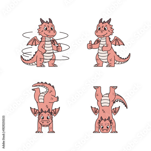 Cartoon dragon doing yoga and jumping rope with playful expression