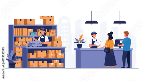 Warehouse staff processing orders at a counter while customers wait in a modern distribution center with boxes.