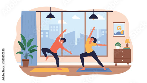 Happy young couple practicing yoga together in a bright living room at home with a city view through the window.