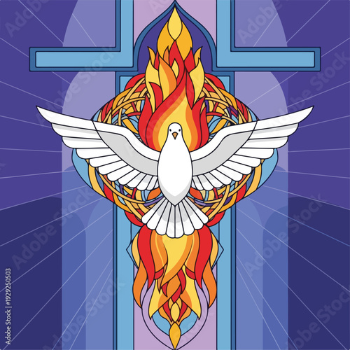 A stained-glass design of a dove descending through flame with a cross
