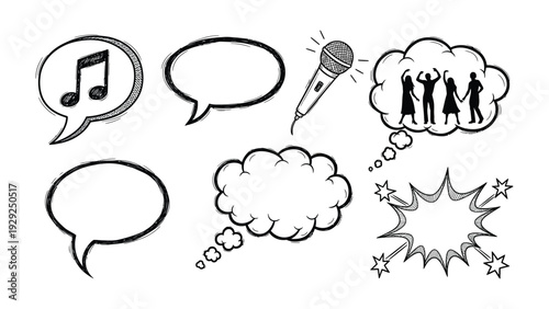 Doodle Dialogue Bubbles: A whimsical doodle of speech bubbles, including musical note, microphone, and dancing, invites your audience to add their creative thoughts and ideas.