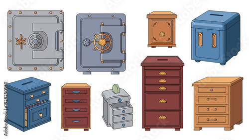 Selection of various heavy metal safes and wooden cabinets designed for the secure storage of money and financial assets.