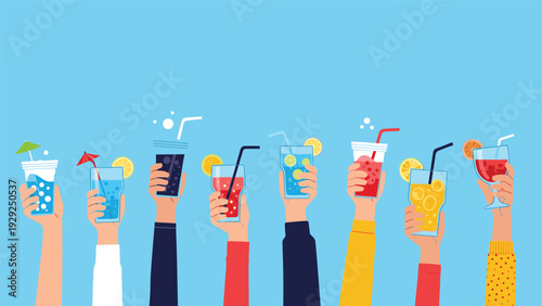 Multiple hands raised up in the air holding various colorful summer cocktails and drinks against a blue background.