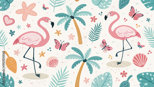 Vibrant tropical flamingo seamless pattern with palm trees butterflies and seashells on white background