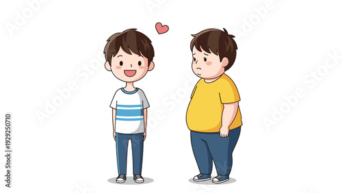 Small friendly boy with a floating heart bubble standing next to a sad overweight boy in a matching yellow t-shirt.