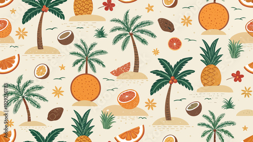 Tropical florida themed seamless vector design with palm trees fruits and flowers on beige background for summer decoration