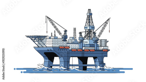 Large industrial offshore oil platform drilling rig operating in the sea with cranes and support structures.