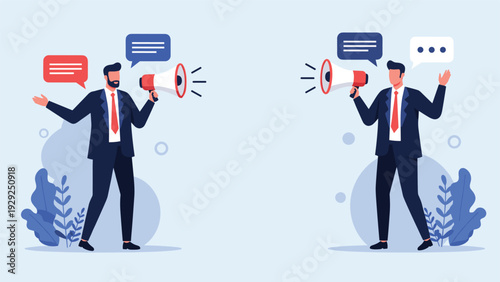 Two professional businessmen in suits shouting through megaphones with speech bubbles representing loud communication.