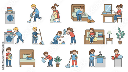 Collection of people performing various household chores such as cleaning laundry ironing and washing dishes.