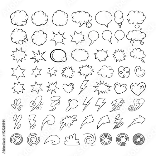 Comic Speech Bubbles: A collection of various comic speech bubbles and expressive graphic elements, perfect for illustrating thoughts, dialogues, and emotions in any visual narrative. 