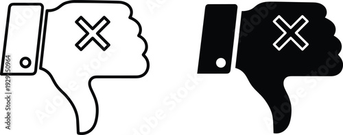 Thumbs Down Icon Set Featuring Stylized Disapproval Symbols with X Marks Depicted in Black Vector Silhouette Style Representing Negative Feedback
