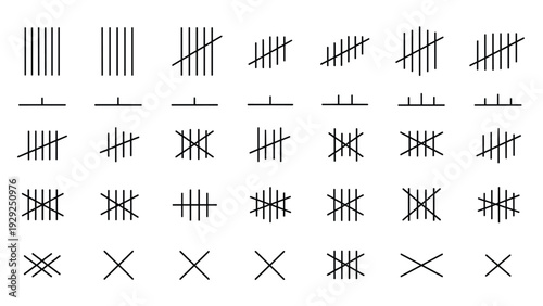Set of different tally mark styles for counting and scoring presented in multiple rows on a clean white background.