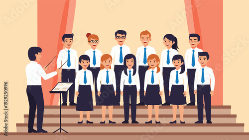 Diverse group of people singing in a choir on stage with a music conductor leading the performance with batons.