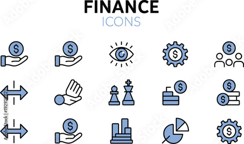 Blue finance set with business and money symbols finance business money symbols finance business money symbols, blue dollar sign, gear, eye, chess pieces, graph, pie chart, arrows, hands holding coins