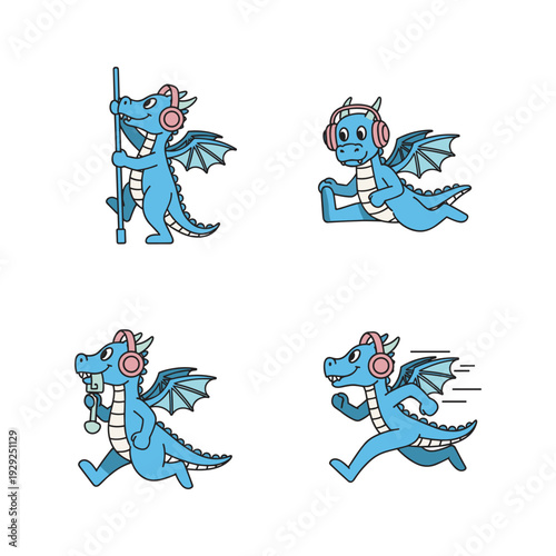 Cartoon blue dragon exercising with headphones in various dynamic poses