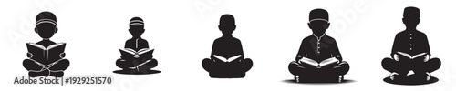 vector silhouette of a Muslim child sitting reading the Quran front view