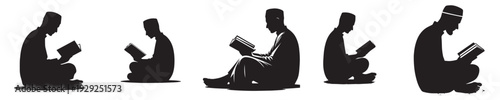 vector silhouette of a Muslim man sitting reading the Quran side view
