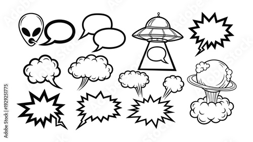 Cosmic Discourse: A collection of comic speech bubbles and extraterrestrial imagery, providing versatile design elements for storytelling and creative expression.
