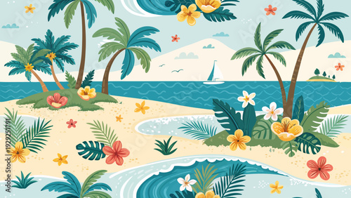 Vibrant tropical beach scene with palm trees colorful flowers and sailboat on horizon sunny summer holiday background