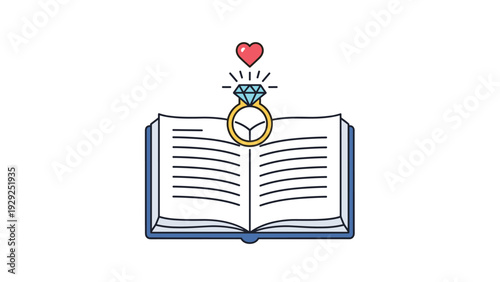 Open book featuring an elegant diamond engagement ring and a red heart symbol above it representing a romantic love story or marriage.