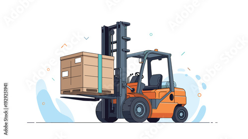 Industrial forklift truck lifting a heavy wooden crate for warehouse logistics and material handling in a shipping distribution center.