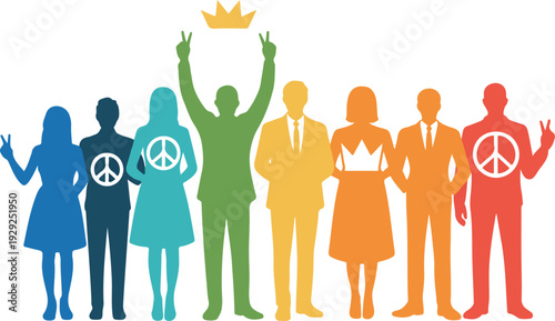 Colorful abstract vector of diverse human silhouettes with rainbow symbols, representing inclusion, equality, empowerment, community, unity, and cultural identity