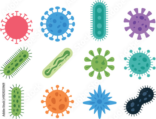 Colorful stylized illustrations of diverse microorganisms including viruses and bacteria with unique shapes, spikes, membranes, flagella, educational microbiology design
