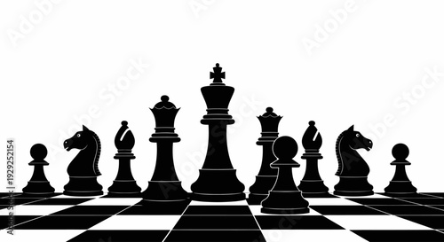 Chess Pieces on a Chessboard Silhouette.