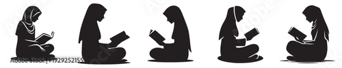 vector silhouette of a Muslim woman sitting reading the Quran side view