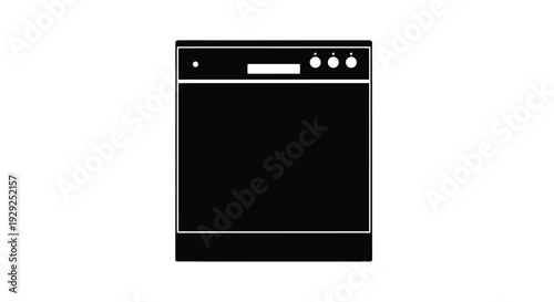 Black and white illustration of a modern dishwasher appliance with control panel