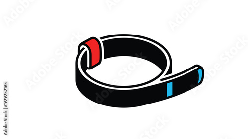 Rolled up black leather belt with a red loop and a blue tip shown in a 3D perspective against a solid white background.