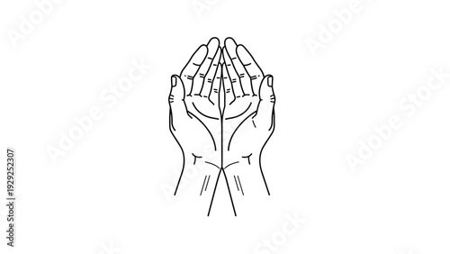 Detailed black and white line drawing of two hands held together in a gesture of prayer or supplication against a white background.