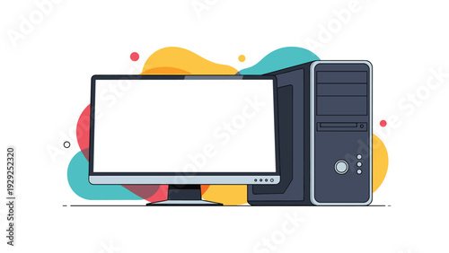 Modern desktop computer setup with a wide monitor and a gray tower CPU unit shown against a playful abstract background with organic shapes.