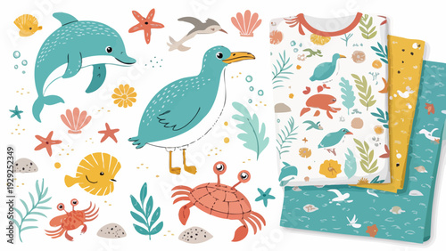 Vibrant seaside animal pattern bundle with dolphins seagulls crabs and sea creatures on fabric sheets for design projects and crafting