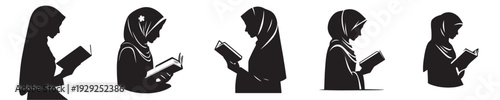 half body vector silhouette of a Muslim woman reading the Quran side view