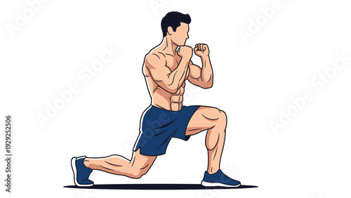 Athletic man performing a lunge exercise to strengthen his leg muscles shown in a detailed side view fitness illustration on a white background.
