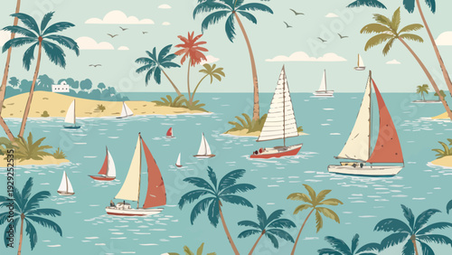 Vibrant coastal living pattern with sailboats palm trees and tropical islands in turquoise sea under sunny sky