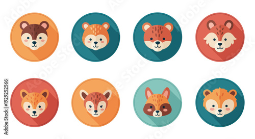 Cartoon Fox Faces in Colorful Circles.