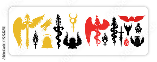 Heraldic Fantasy Emblem Collection Featuring Symmetrical Medieval Crests, Mythological Creature Silhouettes,  Gothic Occult Symbols, Royal Insignia, and Ornamental Vector Logo Designs