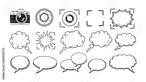 Creative Elements: Collection of camera symbols and speech bubbles, perfect for visual storytelling, designs, and expressing ideas.