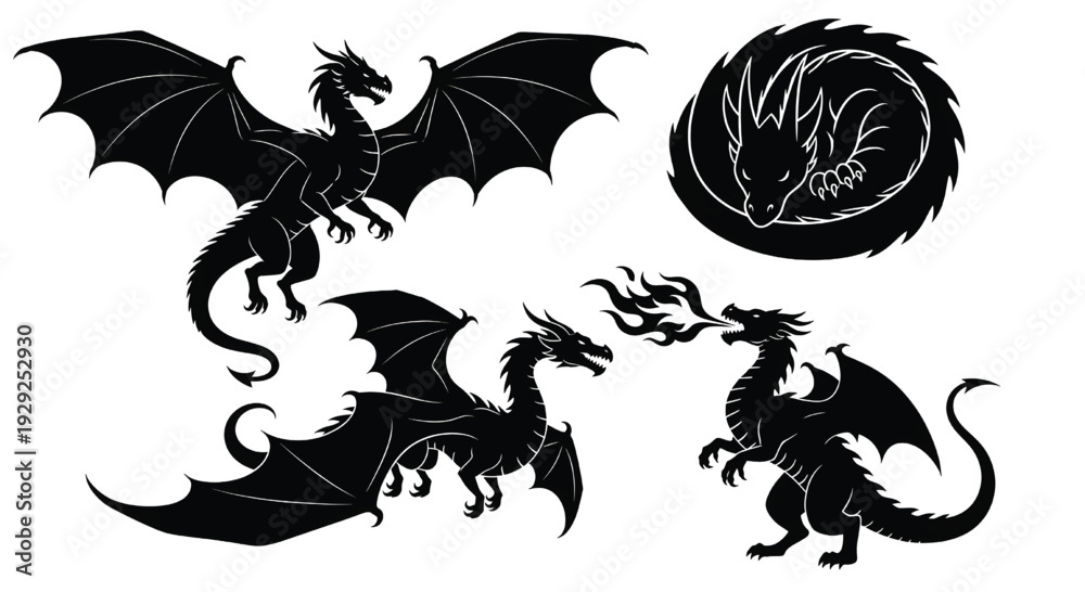 Fototapeta premium A group of black dragons with white outlines on a plain background