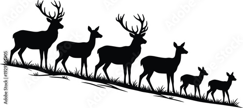 Black deer silhouette family collection featuring majestic stags with large antlers and graceful does walking on a grassy hill isolated on white background