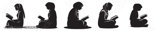 vector silhouette of a Muslim woman sitting reading the Quran side view