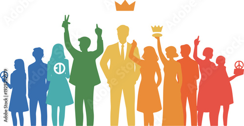 Smooth outline vector of group of people in colorful gradient silhouettes, emphasizing diversity, empowerment, unity, inclusion, abstract social values, and identity