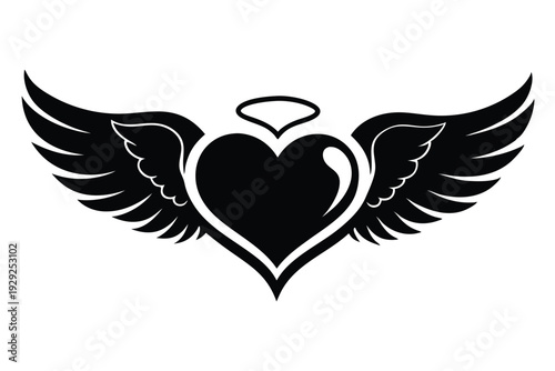 heart with angel wings silhouette line art vector illustration
