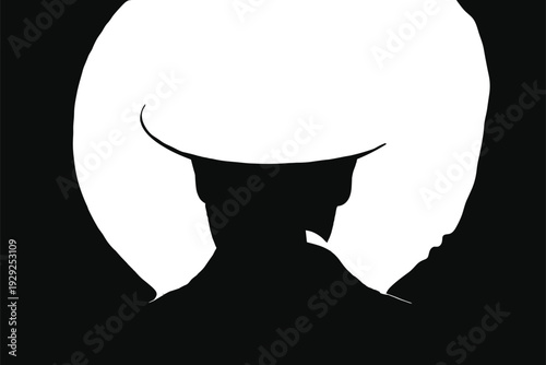 Optical illusion silhouette, wide brim hat figure, dual face profiles illusion, black and white psychology art, abstract perception design