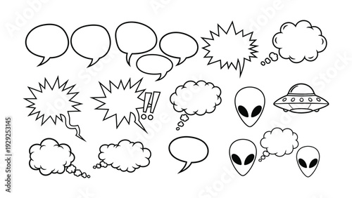 Cosmic Dialogue Bubbles: A collection of various comic-style speech bubbles alongside captivating alien figures, ready to convey thoughts and expressions.