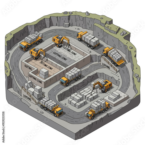 Quarry Site with Heavy Machinery and Trucks.