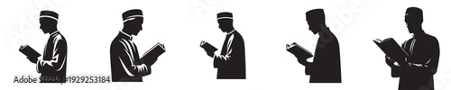 half body vector silhouette of a Muslim man reading the Quran side view